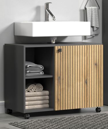 Waschbeckenunterschrank Feliz in Evoke Eiche und grau Badschrank auf Rollen 80 cm