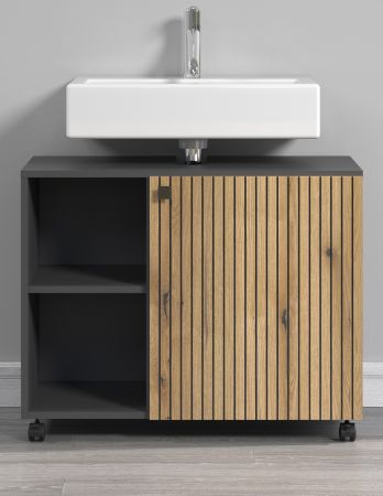 Waschbeckenunterschrank Feliz in Evoke Eiche und grau Badschrank auf Rollen 80 cm