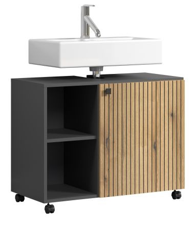 Waschbeckenunterschrank Feliz in Evoke Eiche und grau Badschrank auf Rollen 80 cm