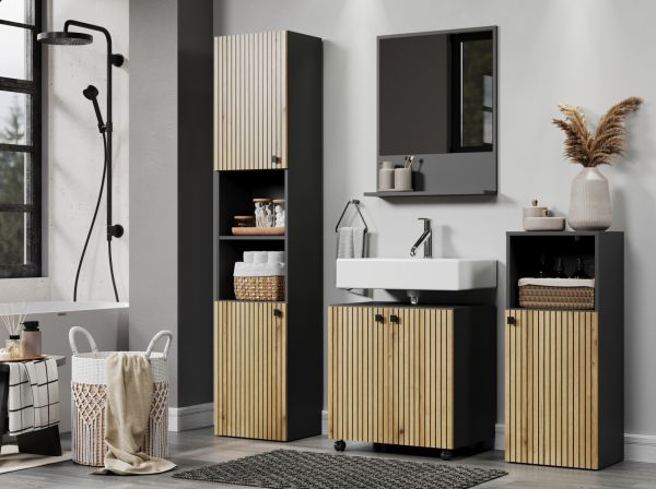 Badezimmer Kommode Feliz in Evoke Eiche und grau Badschrank 40 x 95 cm