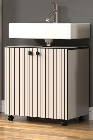 Waschbeckenunterschrank Feliz in Kaschmir Grau mit Leistenoptik, Badschrank 60 cm auf Rollen