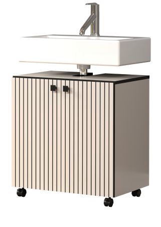 Waschbeckenunterschrank Feliz in Kaschmir Grau mit Leistenoptik, Badschrank 60 cm auf Rollen