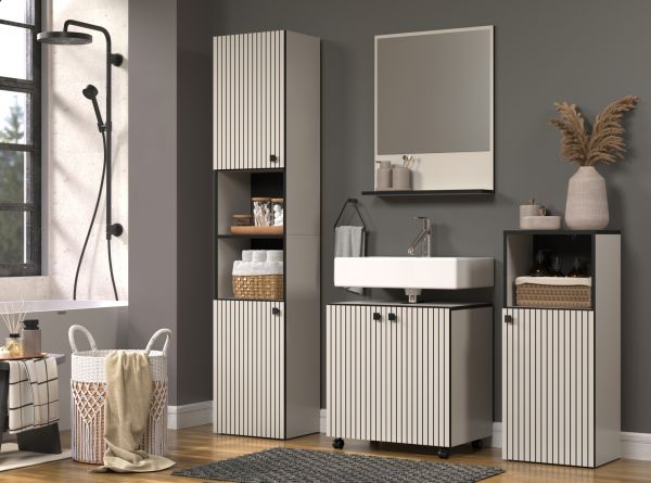 Badezimmer Kommode Feliz in Kaschmir Grau mit Leistenoptik, Badschrank 40 x 95 cm