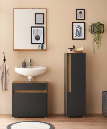 Badezimmer Midischrank Center in grau matt und Wotan Eiche Badm�bel Kommode 34 x 114 cm