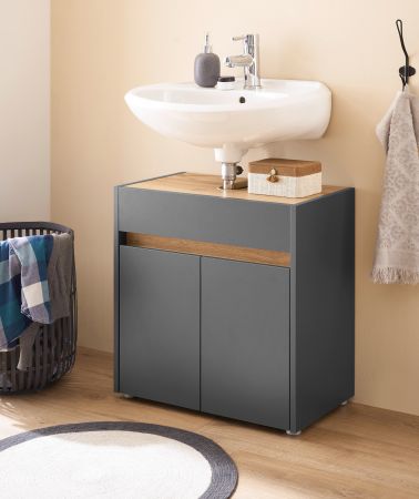 Waschbeckenunterschrank Center in grau matt und Wotan Eiche Badezimmer Unterschrank 60 cm