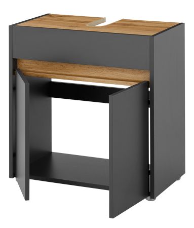 Waschbeckenunterschrank Center in grau matt und Wotan Eiche Badezimmer Unterschrank 60 cm