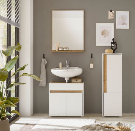 Badezimmer Midischrank Center in wei� und Wotan Eiche Badm�bel Kommode 34 x 114 cm