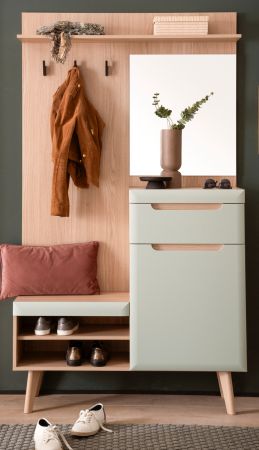 Garderobe Set 3-teilig Isgard in Pistazie matt und Scandi Eiche Garderobenkombination skandinavisch 227 x 197 cm