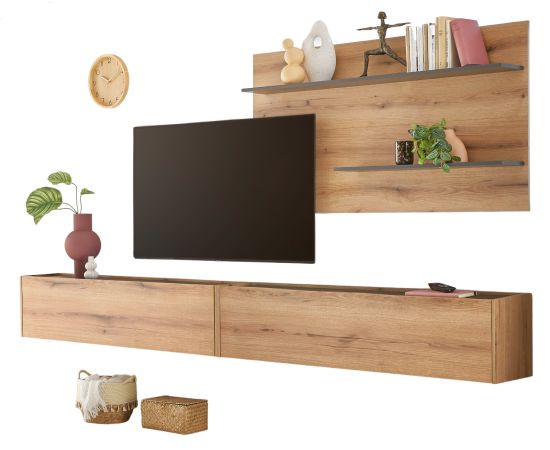 Wohnwand Center in Evoke Eiche und grau Wohnkombination Set 3-teilig 300 cm