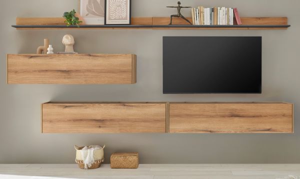 Wohnwand Center in Evoke Eiche und grau Set 5-teilig mit XXL TV-Board 340 cm