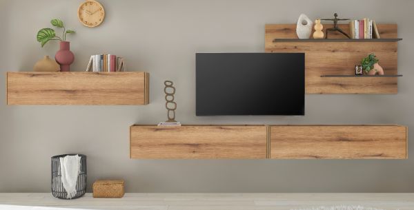 Wohnwand Center in Evoke Eiche und grau Set 4-teilig mit XXL-TV-Schrank 400 cm