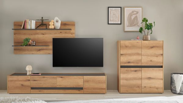 Wohnwand Center in Evoke Eiche und grau Wohnkombination Set 3-teilig 343 cm