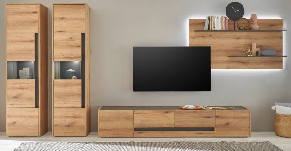 Wohnwand Center in Evoke Eiche und grau Wohnkombination Set 4-teilig mit XL-TV-Schrank 400 cm