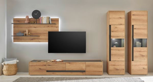 Wohnwand Center in Evoke Eiche und grau Wohnkombination Set 4-teilig mit XL-TV-Schrank 400 cm