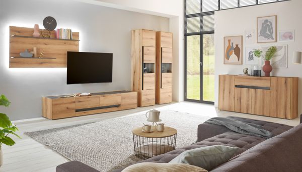 Wohnwand Center in Evoke Eiche und grau Wohnkombination Set 4-teilig mit XL-TV-Schrank 400 cm