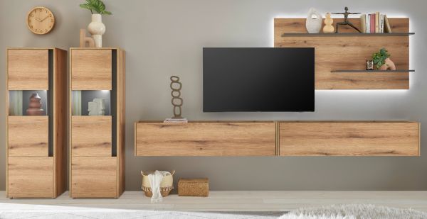 Wohnwand Center in Evoke Eiche und grau Wohnkombination Set 5-teilig mit XXL-TV-Schrank 440 cm