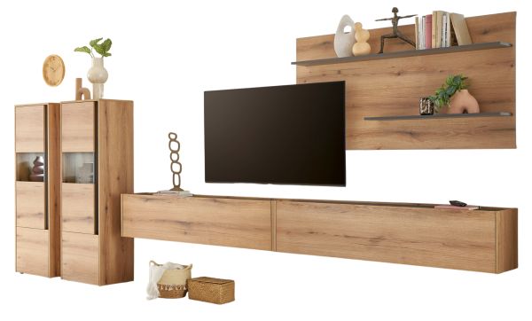Wohnwand Center in Evoke Eiche und grau Wohnkombination Set 5-teilig mit XXL-TV-Schrank 440 cm