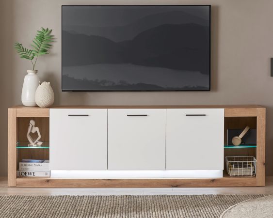 TV-Lowboard Rivian in wei� matt und Evoke Eiche TV Unterteil in Komforth�he XL-Board 198 x 61 cm