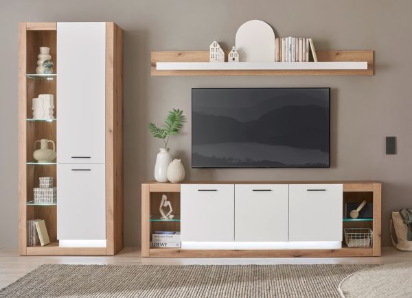 Wandboard Rivian in wei� matt und Evoke Eiche Wandregal 198 cm