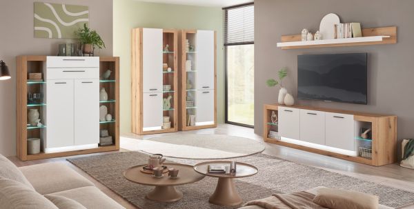 Wandboard Rivian in wei� matt und Evoke Eiche Wandregal 198 cm