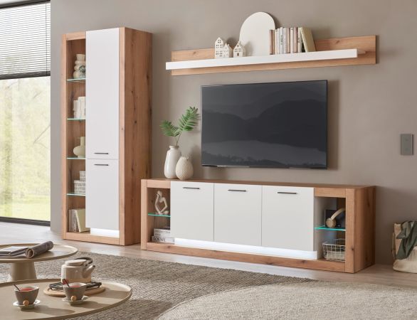 Wohnwand Rivian in wei� matt und Evoke Eiche Wohnkombination Set 3-teilig 298 cm