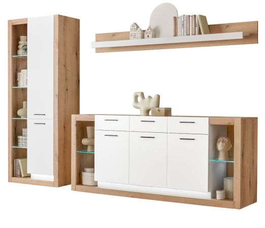 Wohnwand Rivian in wei� matt und Evoke Eiche Wohnkombination Set 3-teilig 298 cm