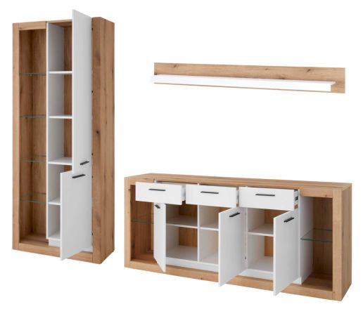 Wohnwand Rivian in wei� matt und Evoke Eiche Wohnkombination Set 3-teilig 298 cm