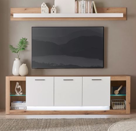TV-Lowboard und Wandboard Rivian in wei� matt und Evoke Eiche Wohnkombination Set 2-teilig 198 cm