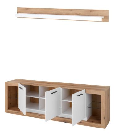 TV-Lowboard und Wandboard Rivian in wei� matt und Evoke Eiche Wohnkombination Set 2-teilig 198 cm