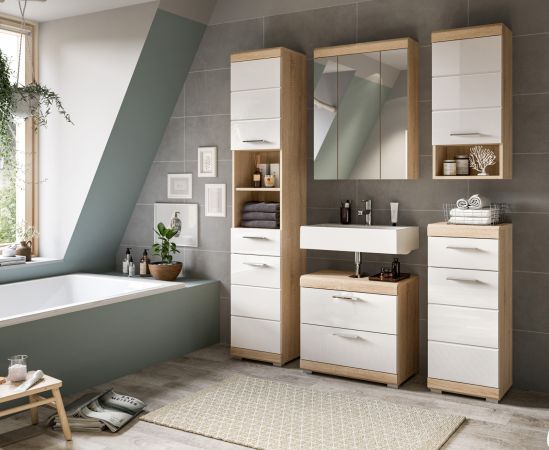 Badezimmer Kommode Mambo in wei� Hochglanz und Sonoma Eiche Badschrank 74 x 88 cm