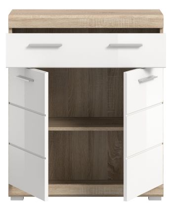 Badezimmer Kommode Mambo in wei� Hochglanz und Sonoma Eiche Badschrank 74 x 88 cm