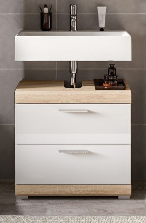 Badezimmer Waschbeckenunterschrank Mambo in wei� Hochglanz und Sonoma Eiche Badschrank 60 cm