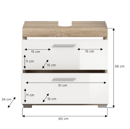 Badezimmer Waschbeckenunterschrank Mambo in wei� Hochglanz und Sonoma Eiche Badschrank 60 cm