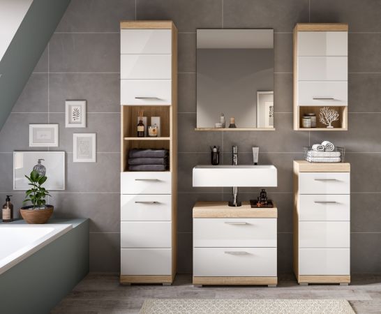 Badezimmer Waschbeckenunterschrank Mambo in wei� Hochglanz und Sonoma Eiche Badschrank 60 cm
