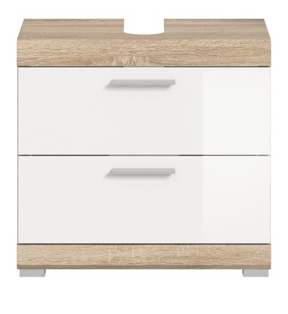 Badezimmer Waschbeckenunterschrank Mambo in wei� Hochglanz und Sonoma Eiche Badschrank 60 cm