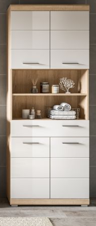 Badezimmer Hochschrank Mambo in wei� Hochglanz und Sonoma Eiche Badschrank 74 x 191 cm