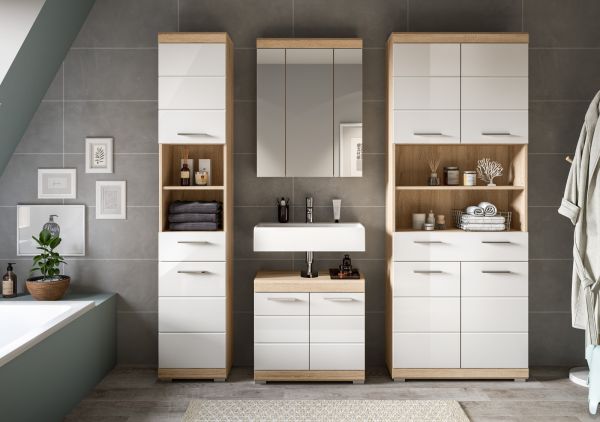 Badezimmer Hochschrank Mambo in wei� Hochglanz und Sonoma Eiche Badschrank 74 x 191 cm