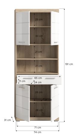 Badezimmer Hochschrank Mambo in wei� Hochglanz und Sonoma Eiche Badschrank 74 x 191 cm