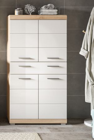 Badezimmer Midischrank Mambo in wei� Hochglanz und Sonoma Eiche Badschrank 74 x 141 cm