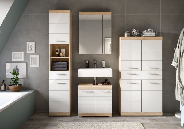 Badezimmer Midischrank Mambo in wei� Hochglanz und Sonoma Eiche Badschrank 74 x 141 cm