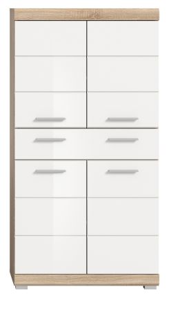 Badezimmer Midischrank Mambo in wei� Hochglanz und Sonoma Eiche Badschrank 74 x 141 cm