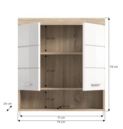Badezimmer H�ngeschrank Mambo in wei� Hochglanz und Sonoma Eiche Badschrank h�ngend 74 x 79 cm