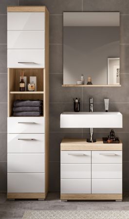 Badm�bel Set 3-teilig Mambo in wei� Hochglanz und Sonoma Eiche Badkombination 112 x 191 cm