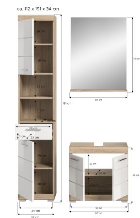 Badm�bel Set 3-teilig Mambo in wei� Hochglanz und Sonoma Eiche Badkombination 112 x 191 cm