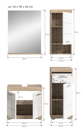 Badm�bel Set 4-teilig Mambo in wei� Hochglanz und Sonoma Eiche Badkombination 112 x 191 cm