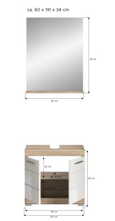 Badm�bel Set 2-teilig Mambo in wei� Hochglanz und Sonoma Eiche Badkombination 60 x 191 cm