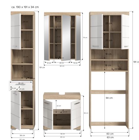 Badm�bel Set 4-teilig Mambo in wei� Hochglanz und Sonoma Eiche Badkombination 190 x 191 cm