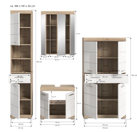 Badm�bel Set 4-teilig Mambo in wei� Hochglanz und Sonoma Eiche Badkombination 186 x 191 cm