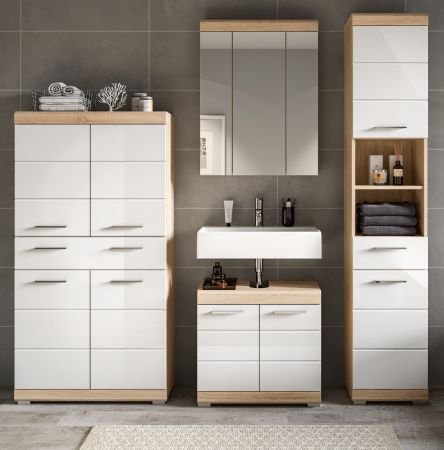 Badm�bel Set 4-teilig Mambo in wei� Hochglanz und Sonoma Eiche Badkombination 186 x 191 cm
