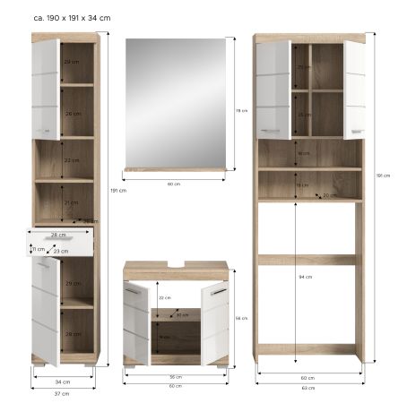 Badm�bel Set 4-teilig Mambo in wei� Hochglanz und Sonoma Eiche Badkombination 190 x 191 cm